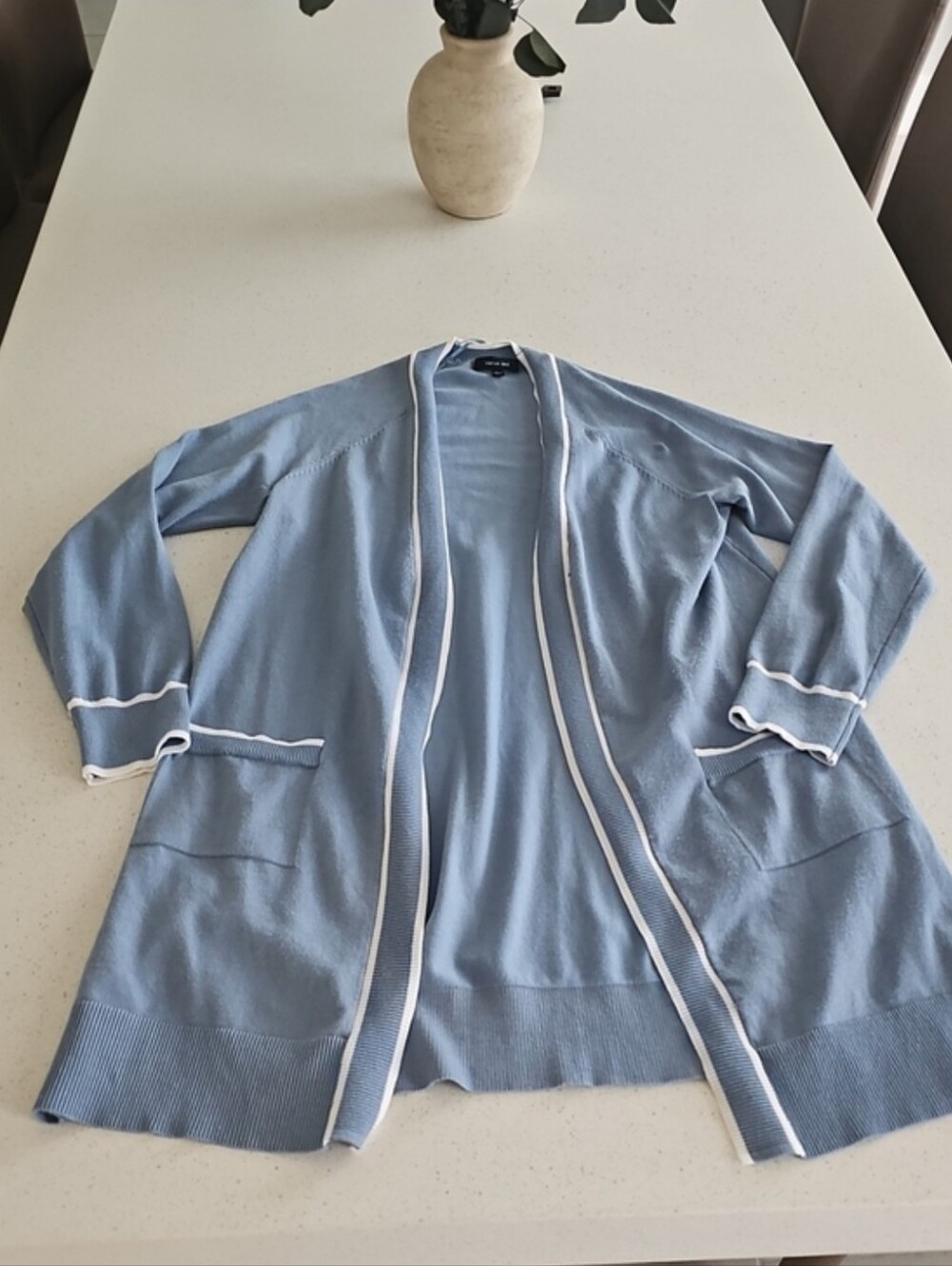 Verve Ami Blue Longline Knit Cardigan with White Trim
